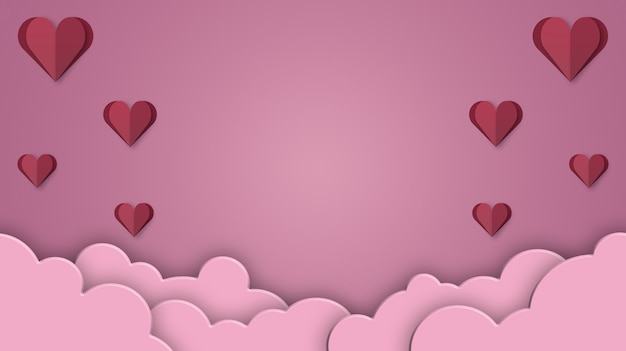 Valentine's day background with red hearts papercut and clouds 3d