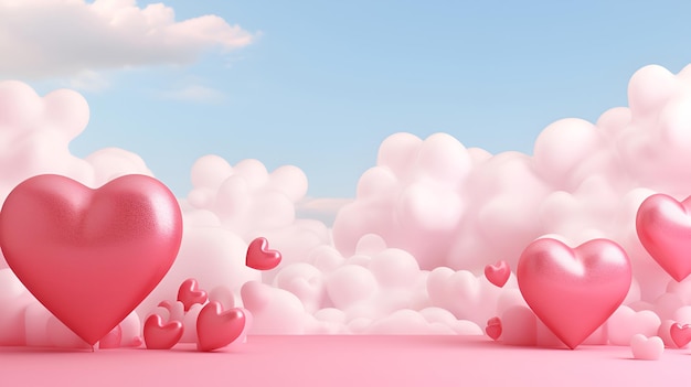 Valentine's Day background with red hearts and pink clouds 1