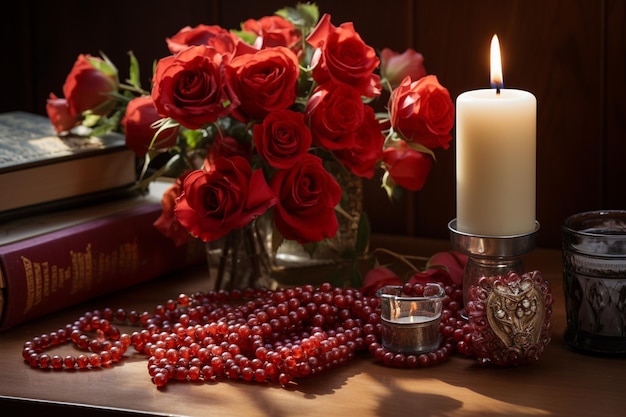Photo valentine's day background with red roses and candles on wooden table