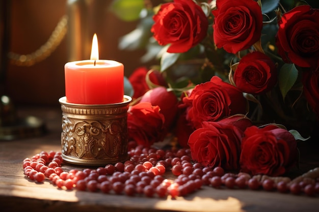 Photo valentine's day background with red roses and candles on wooden table