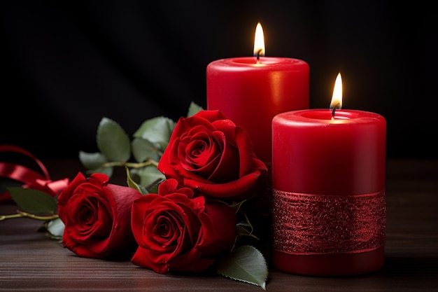 Valentine's day background with red roses and candles on wooden table