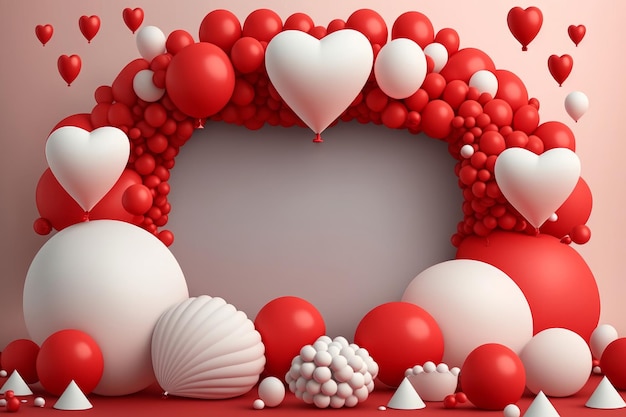 День святого Валентина фон с красными и белыми воздушными шарами и сердцами Generative AI