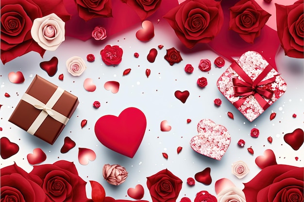 A valentine's day background with roses hearts and a gift box generative AI