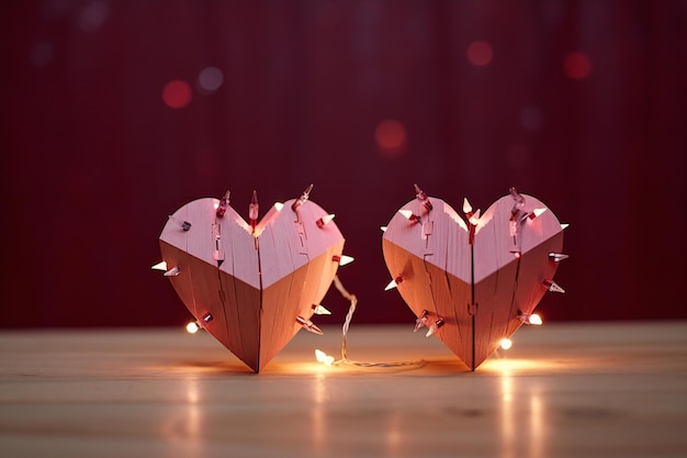 Valentine's day background with two hearts on wooden table