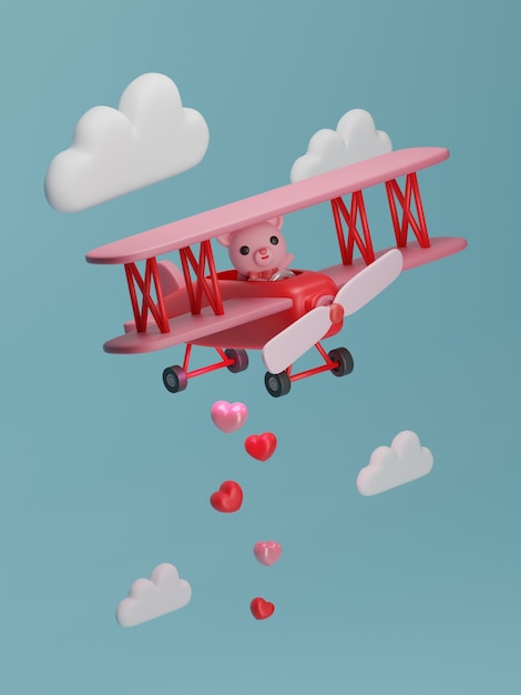 Valentine's day banner with bear on plane.