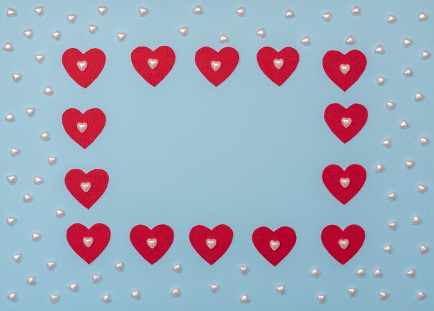 Valentine's Day blue with red and pearl hearts.