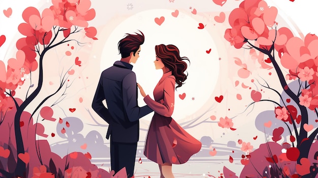 Valentine s Day card romantic young couple walking on city street illustration Poster with people back view Concept of man and woman romance spring february postcard wedding