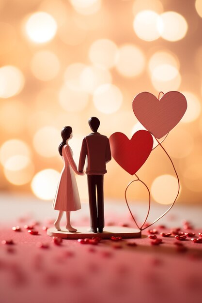 Valentine's Day card Toy figures of man and woman couple with heart on blurred background