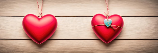 A valentine's day card with two hearts on a wooden background