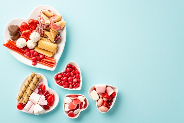 Valentine's day celebration concept top view photo of heart shaped plates with confectionery candies and cookies on isolated light blue background with copyspace