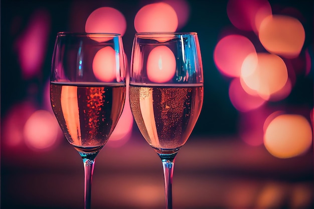 Valentine's day celebration toast pink champagne glasses close up bokeh lights background AI generative