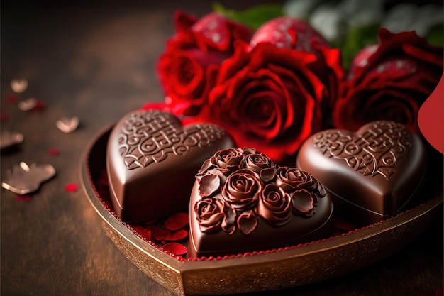 Празднование Дня святого Валентина с красными розами на шоколаде С правой стороны в углу День Святого Валентина любовь