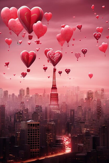 a Valentine's Day cityscape with famous landmarks lit up in red and pink