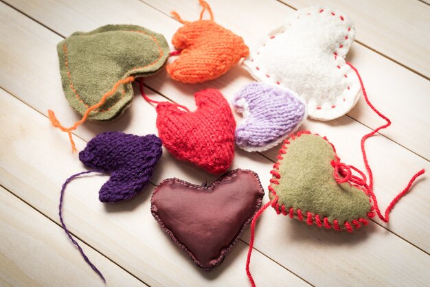 Valentine's Day. Colorful knitted hearts. 