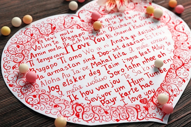 Valentine's Day concept Beautiful gift card on wooden background close up