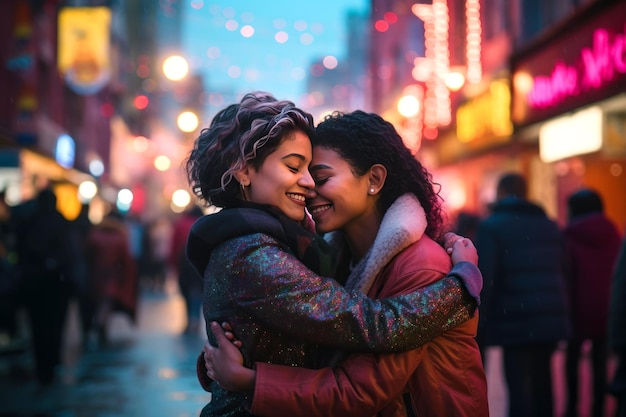 Valentine's Day concept Couple of two women hugging on the street smiling with a lot of love