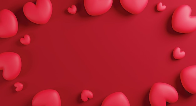Valentine's day concept design of hearts on red background with copy space 3d render