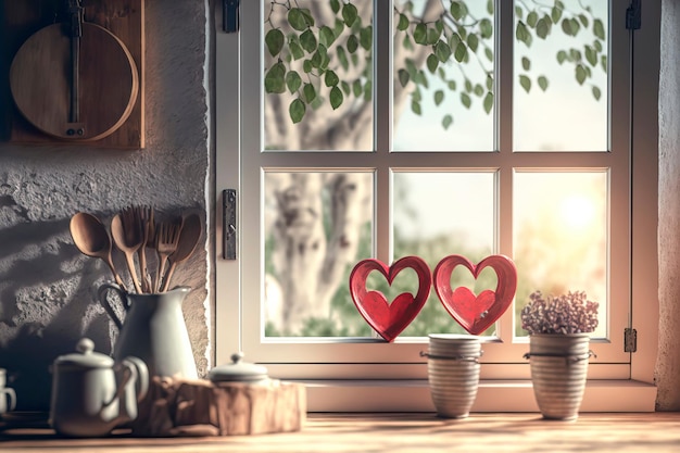 Valentine's day concept in home interior two loving heartsGenerative AI
