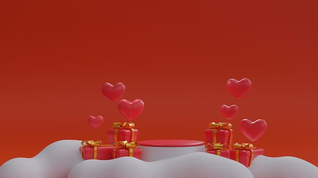 Foto decorazione del podio del concetto di san valentino con illustrazione 3d della confezione regalo con palloncino a forma di cuore