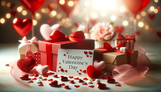 Valentine's Day Concept Red Gift Box and Love Elements on Blurred Background