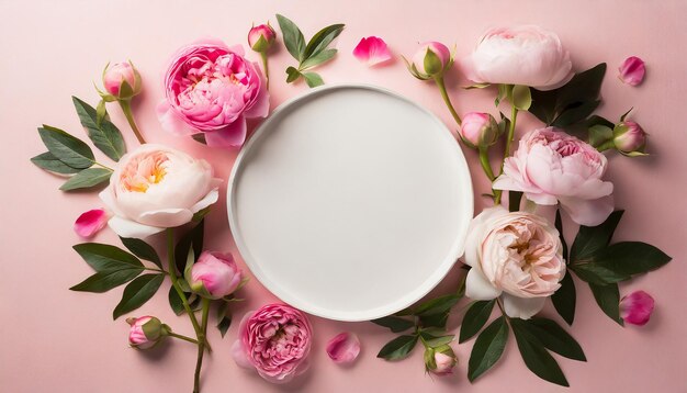 Valentine's Day concept Top view foto van witte lege cirkel en lente bloemen roze