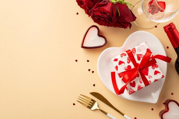 Valentine's day concept top view photo of heart shaped plate with giftbox candles knife fork wine bottle wineglass bouquet of red roses and confetti on isolated pastel beige background with copyspace