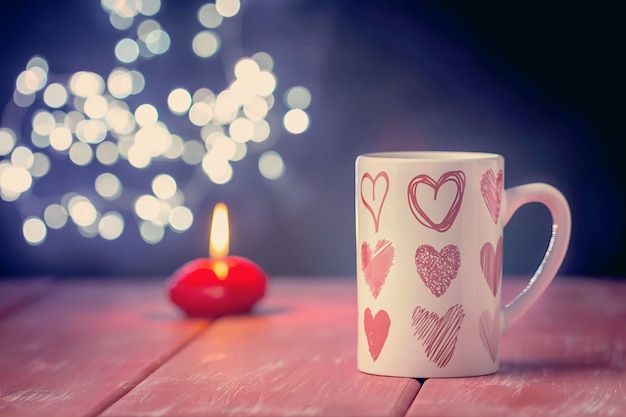 Valentine's day concept with cup of hot drink over shining background