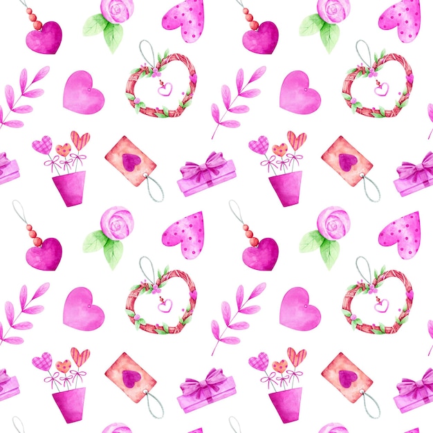 Valentine's day cute watercolor seamless pattern. Pink, violet love day elements on white background repeat print. Romantic design for textile, fabric, wallpaper, wrapping paper, decoration.