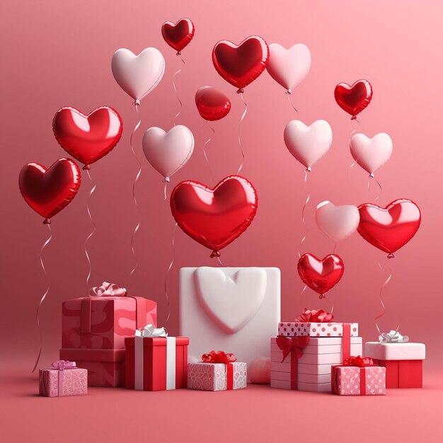 Photo valentine's day decoration with heart shape balloongift boxesgenerative ai