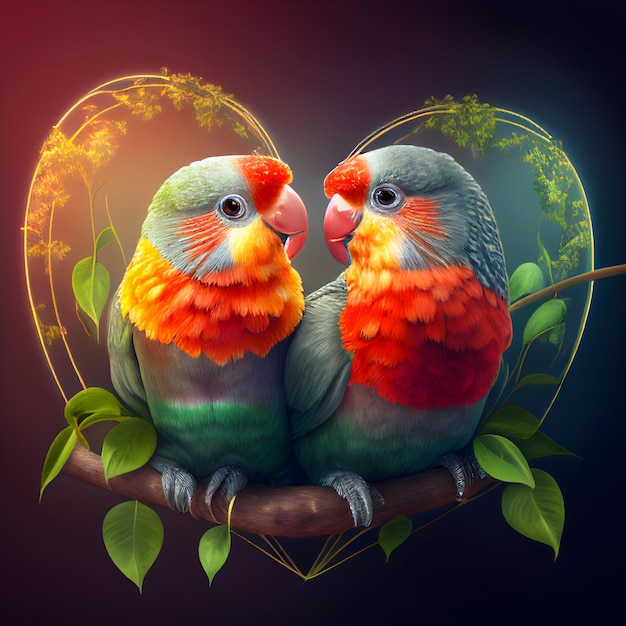 Рисунок ко Дню святого Валентина с влюбленными птицами и сердцами