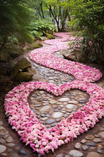 Photo a valentine's day garden scene where the flowers are blooming into heart shapes