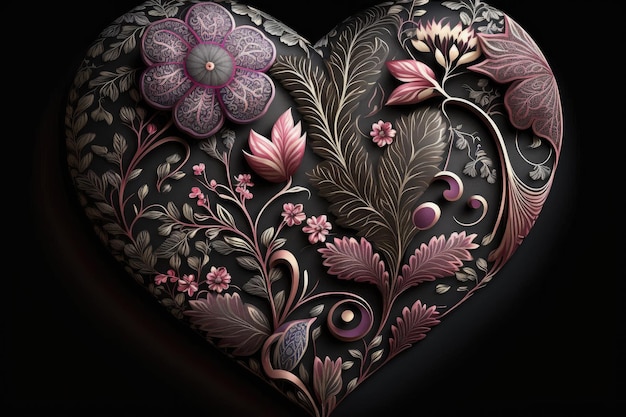 Valentine's day gift pink heart with flower pattern on dark background