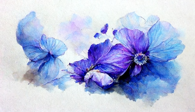 발렌타인 데이 인사말 카드 디자인 푸른 꽃 그림 파스텔과 부드러운 꽃 그림 흰색 배경에 피는 푸른 꽃