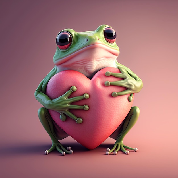 Valentine's Day greeting card with frog holding heart Romantic frog offers love by hugging heart Generative AI