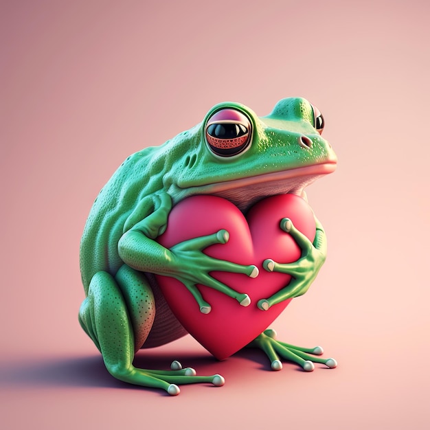 Valentine's Day greeting card with frog holding heart Romantic frog offers love by hugging heart Generative AI