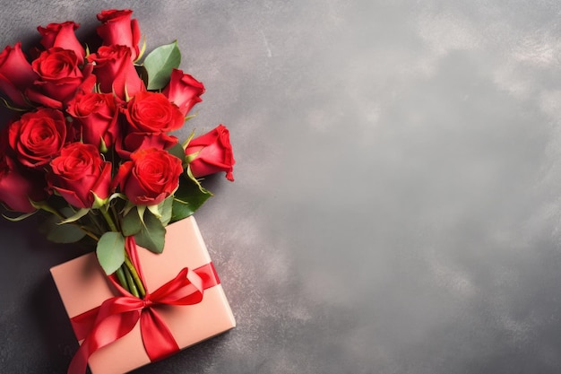 Поздравительная открытка на День святого Валентина с подарком и красными розами на сером фоне