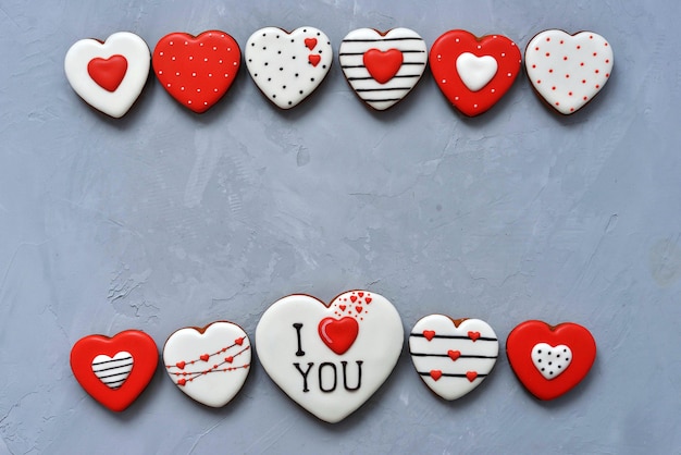 Valentine's day Homemade cookies on Ultimate Gray background covered with icing with a beautiful pattern gingerbread.