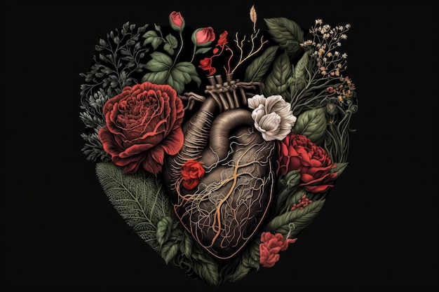 Valentine's day human heart with flowers red rose in black background