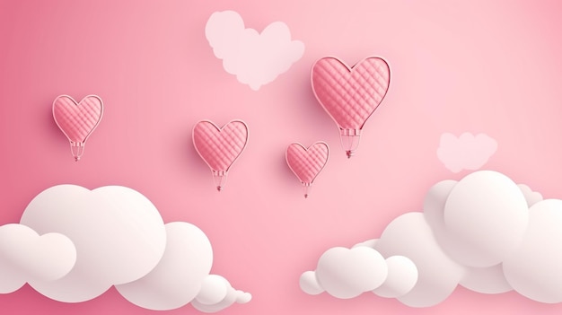 Valentine's Day illustration with red hearts and paper clouds on pink background