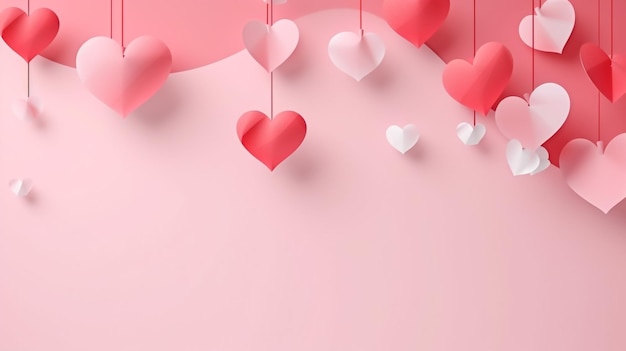 Photo valentine's day illustration with red hearts and paper clouds on pink background