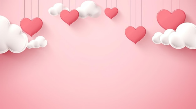 Valentine's Day illustration with red hearts and paper clouds on pink background