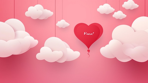 Valentine's Day illustration with red hearts and paper clouds on pink background