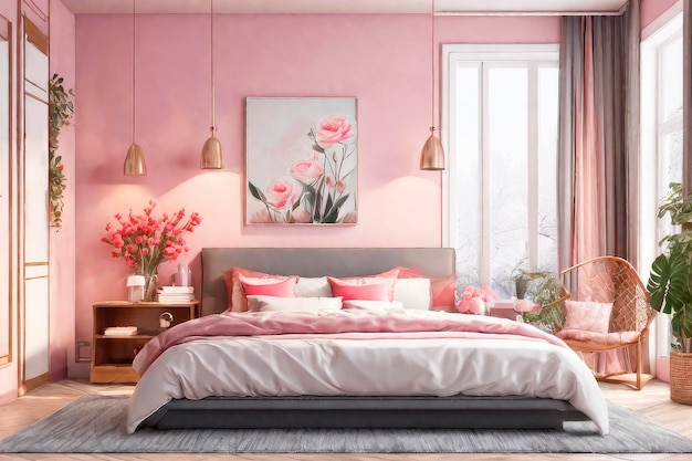 Photo valentine's day interior bedroom concept home style with in red and pink colours 3d illustration