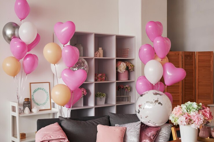 Valentine's Day International Day of Happiness Studio apartment in loft style Holiday decor Pink balloons and flowers