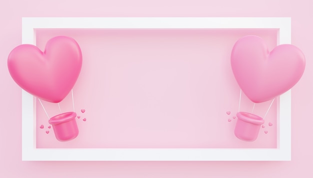 バレンタインデー、愛の概念の背景、空白のスペースでフレームから浮かぶピンクのハート型の熱気球の3Dイラスト