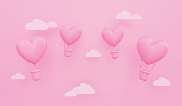 Valentine's day, love concept background, pink 3d heart shaped hot air balloons flying in the sky with paper cloud, copy space