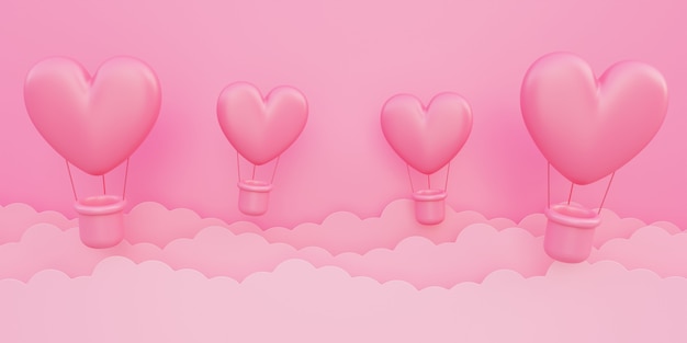 Valentine's day, love concept background, pink 3d heart shaped hot air balloons flying in sky with paper cloud