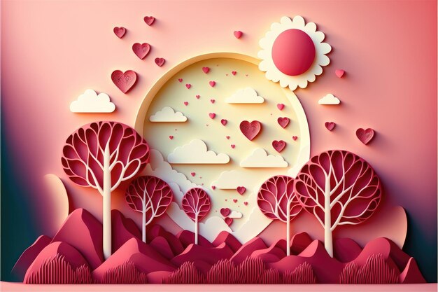 Valentine's day or marriage illustration with heart balloons and clouds 3D paper cut Generative AI