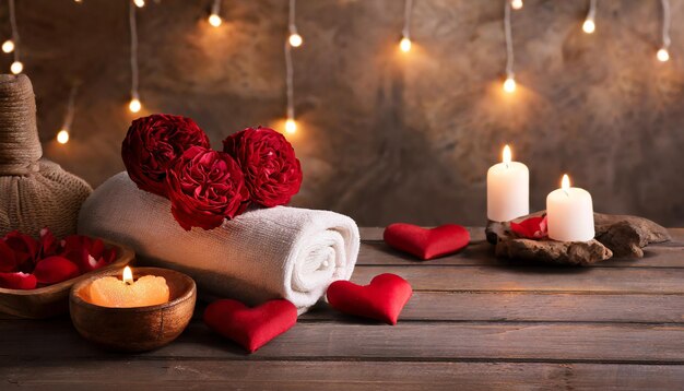 Valentine's Day ontspanning met spa massage en zen decor kopieer ruimte top wook handen plaats voor tekst