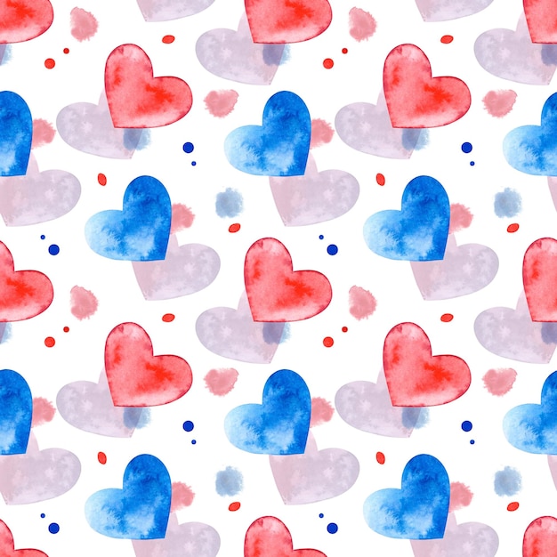 Valentine's day pattern on a white background and watercolor hearts spots and dots handdrawn